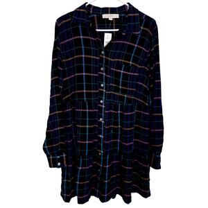 LOFT Plaid Shirt Dress Women’s Button Front Long Sleeve Black Multicolor NWT Med